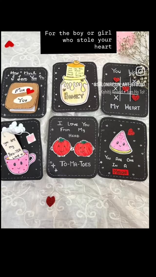 Six black message coasters with colourful hand-drawn food and love motifs