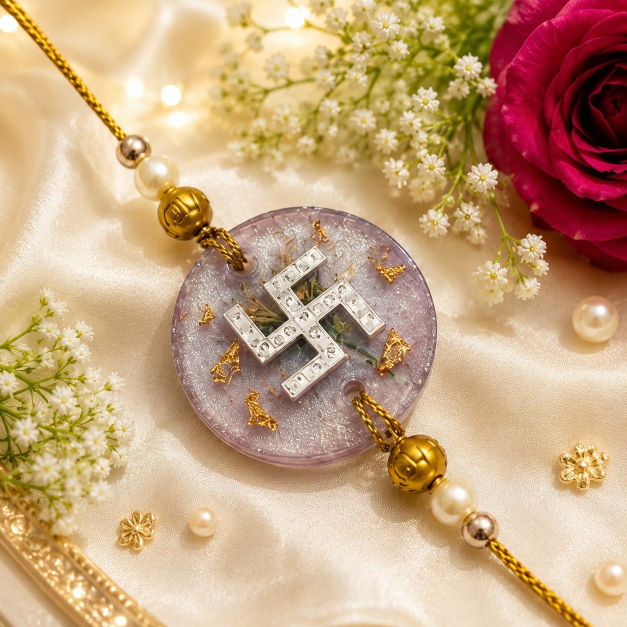 Lilac resin rakhi medallion with a traditional swastika motif, pearls, and floral styling