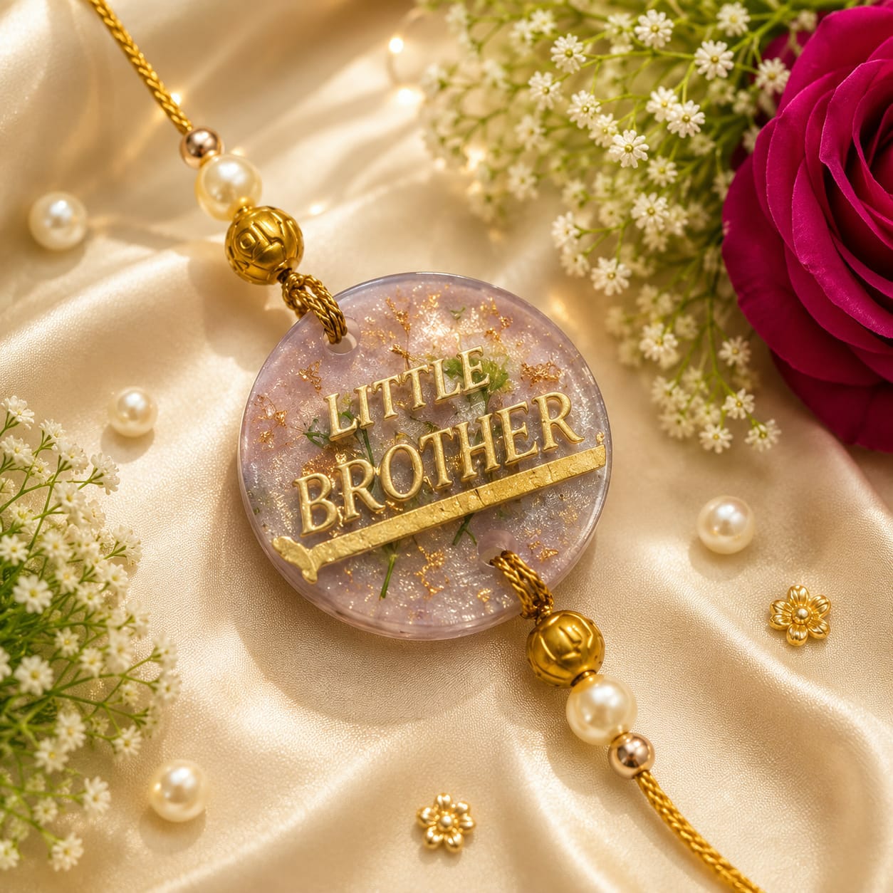 Lilac resin rakhi medallion reading LITTLE BROTHER, styled with pearls and flowers