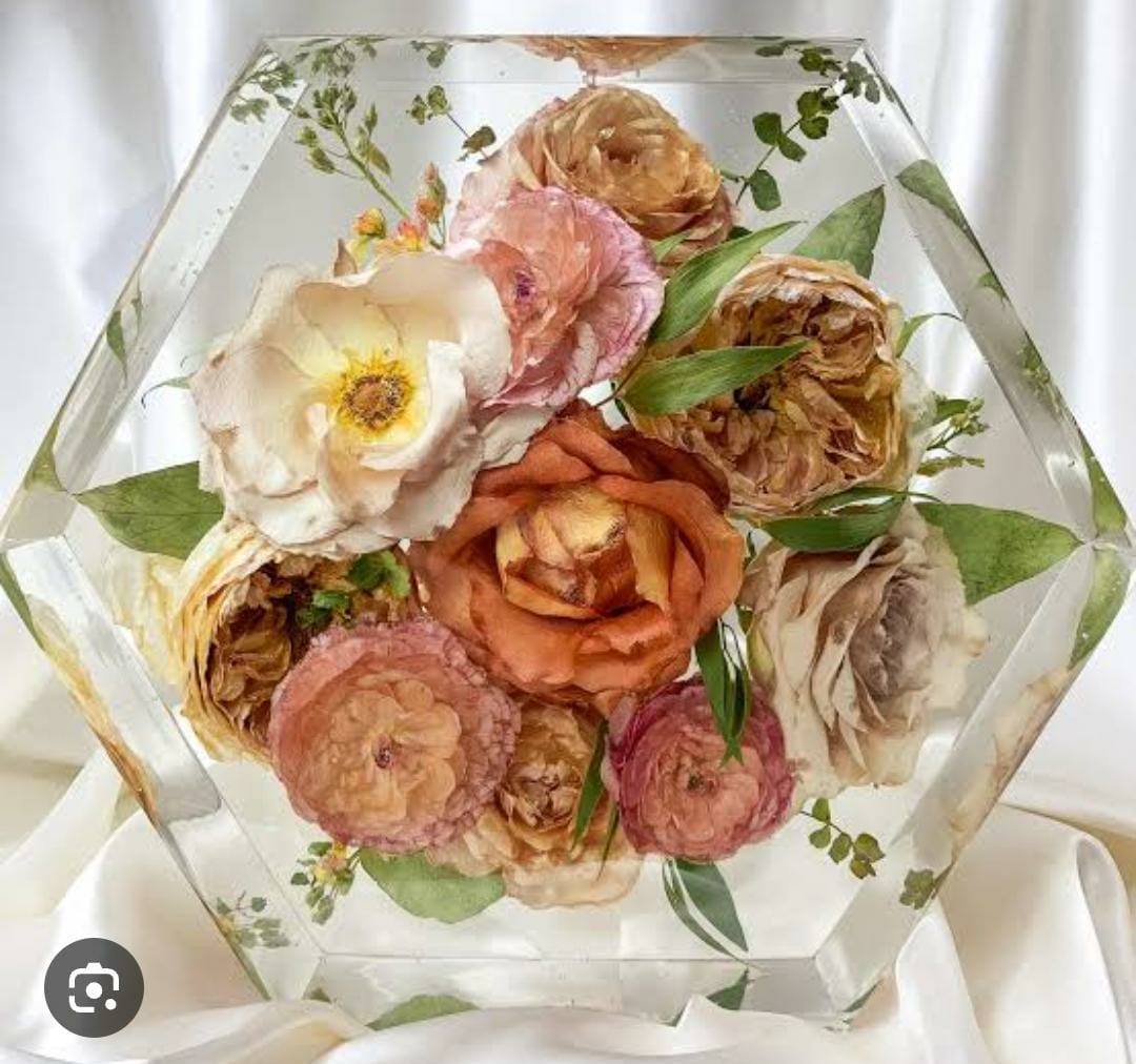 Clear hexagonal resin keepsake with preserved roses and a camera icon